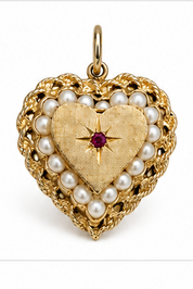 Antique Victorian 14KT Gold Pearl & Ruby Heart Locket charm