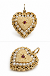 Antique Victorian 14KT Gold Pearl & Ruby Heart Locket charm