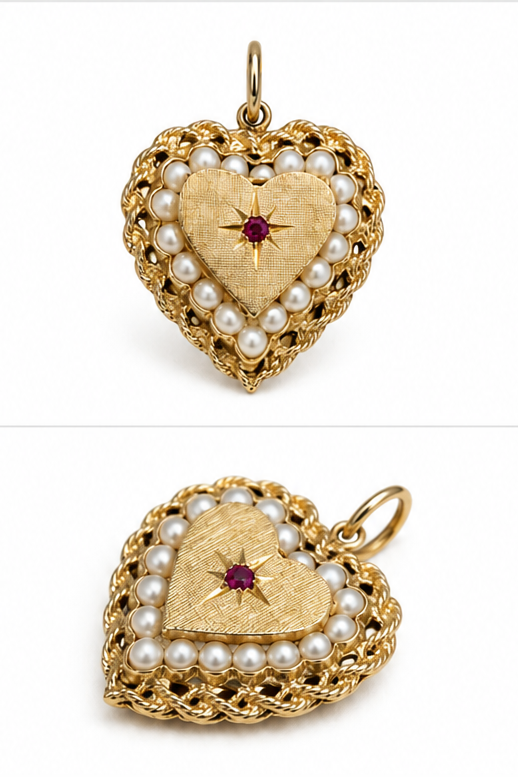 Antique Victorian 14KT Gold Pearl & Ruby Heart Locket charm