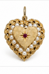 Antique Victorian 14KT Gold Pearl & Ruby Heart Locket charm