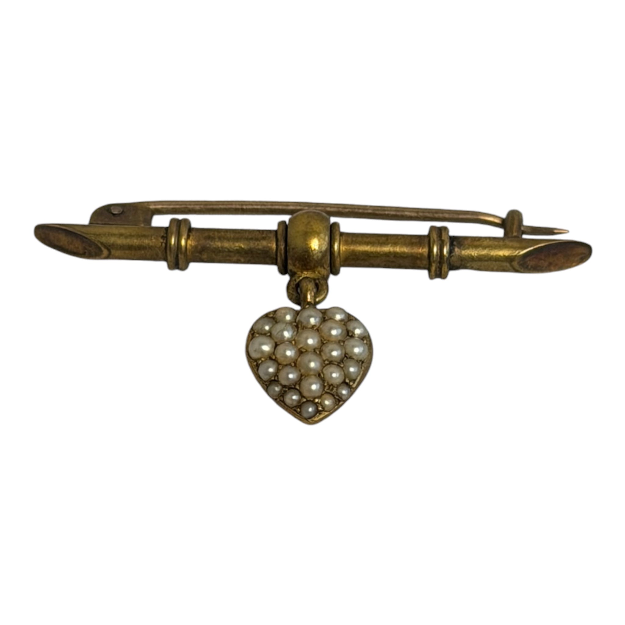 Antique 14KT Victorian Seed Pearl Heart Bar Brooch/Pin