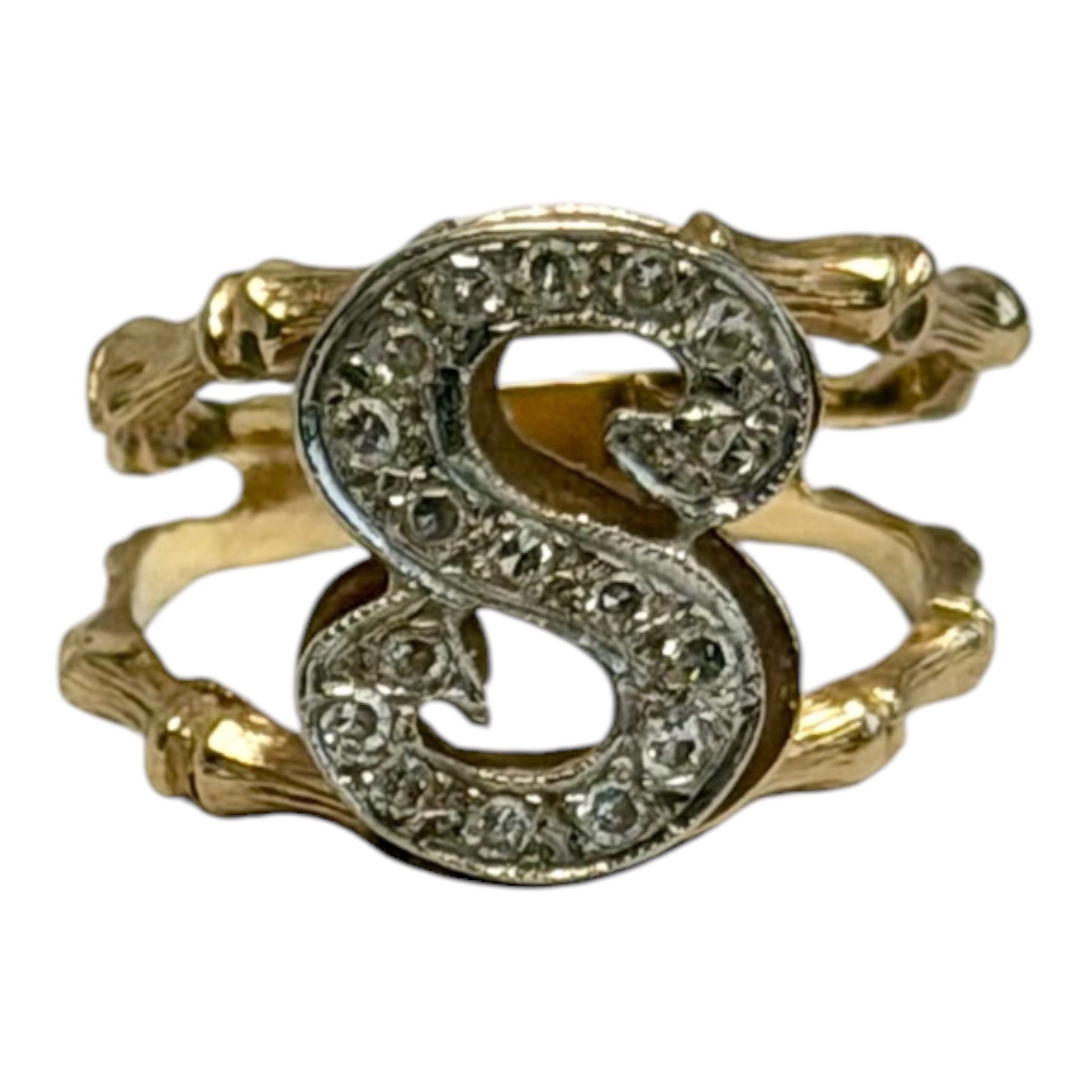 Vintage 14K Gold Diamond Script “S” Monogram Ring