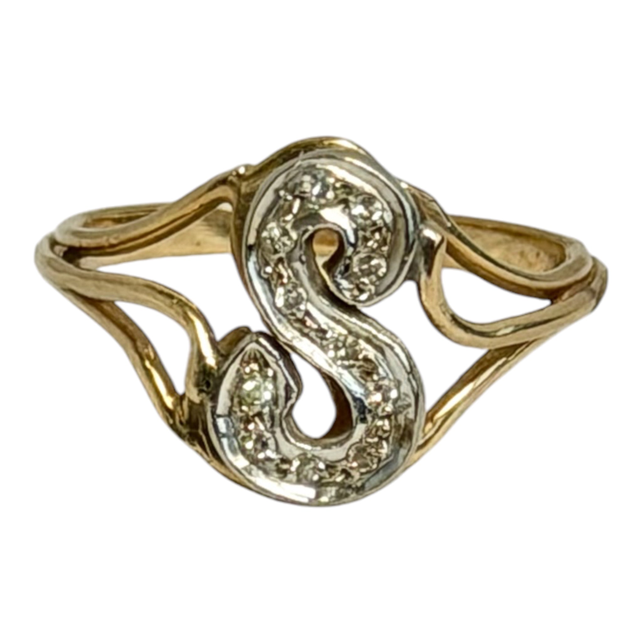 Vintage 14K Gold Diamond Script “S” Monogram Ring