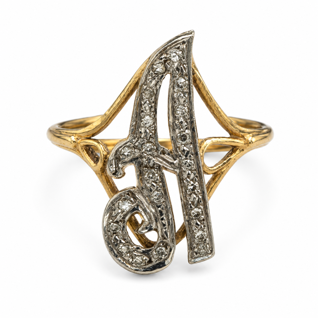Vintage 14K Gold Diamond Script “A” Monogram Ring