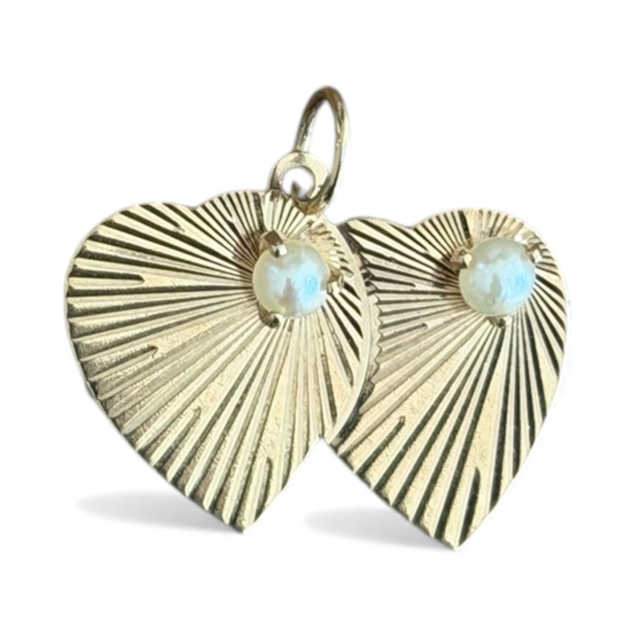 14KT Gold Vintage Double Heart with Pearls Charm