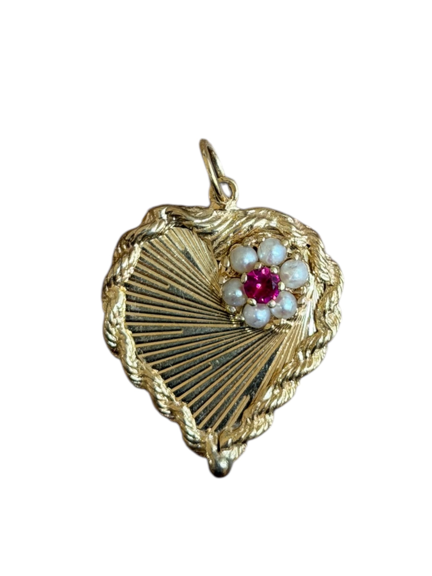 Vintage 14KT Gold Ruby & Pearl Heart Charm