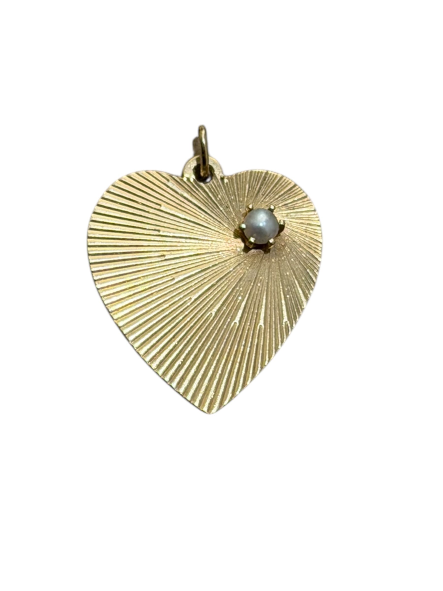 Vintage 14KT Gold Engine Turned Heart Charm with Pearl