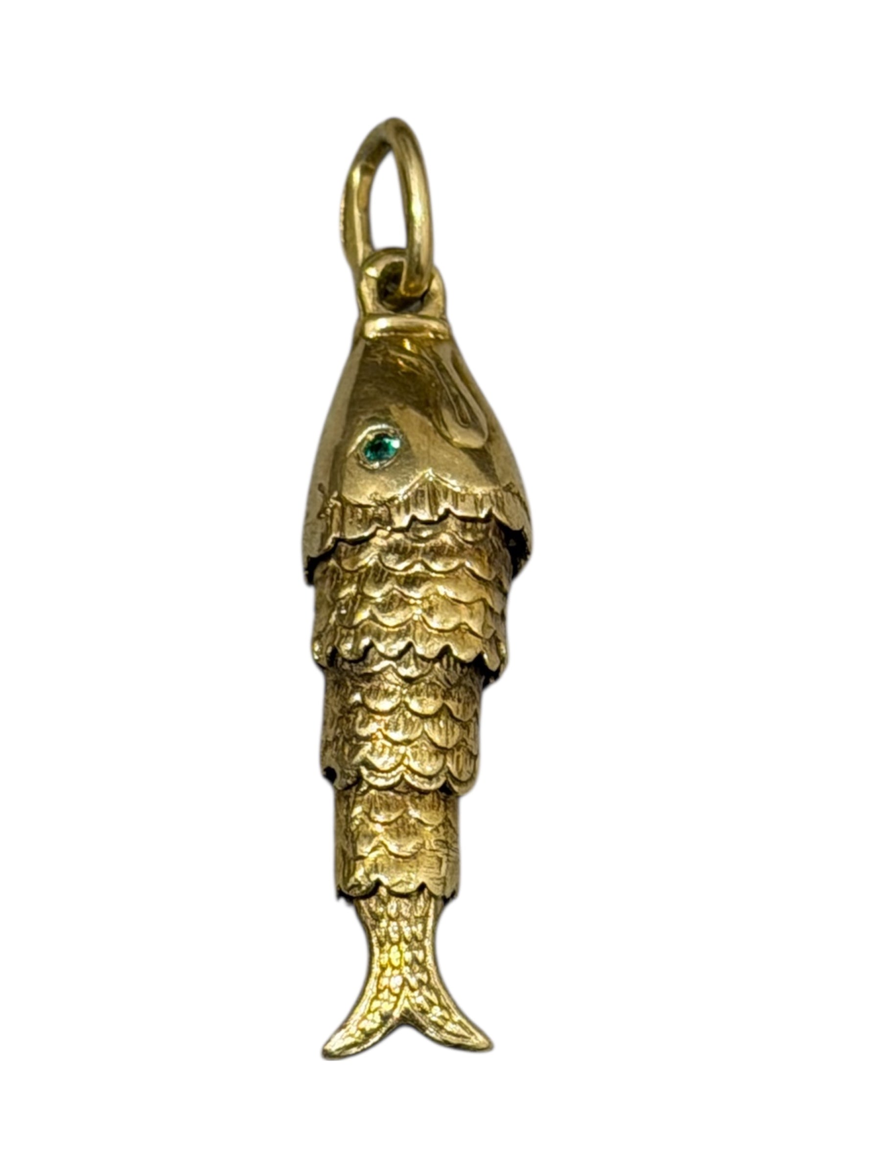 Vintage 14KT Gold Articulating Fish Charm with Emerald Eyes