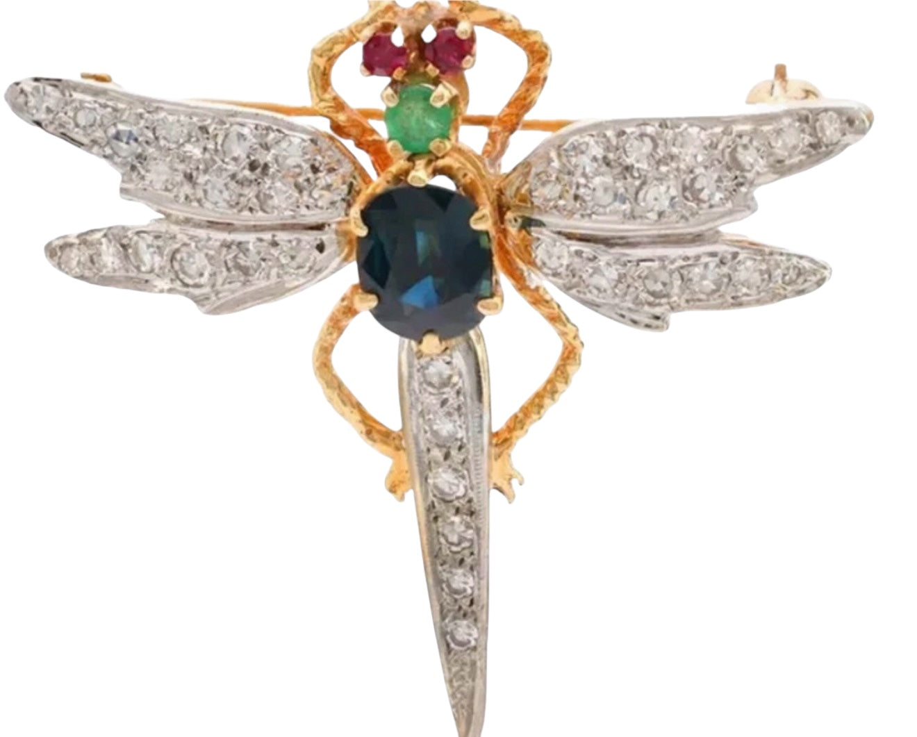Vintage 14KT Gold Dragonfly Pin with Diamond, Emerald, Sapphire and Rubies