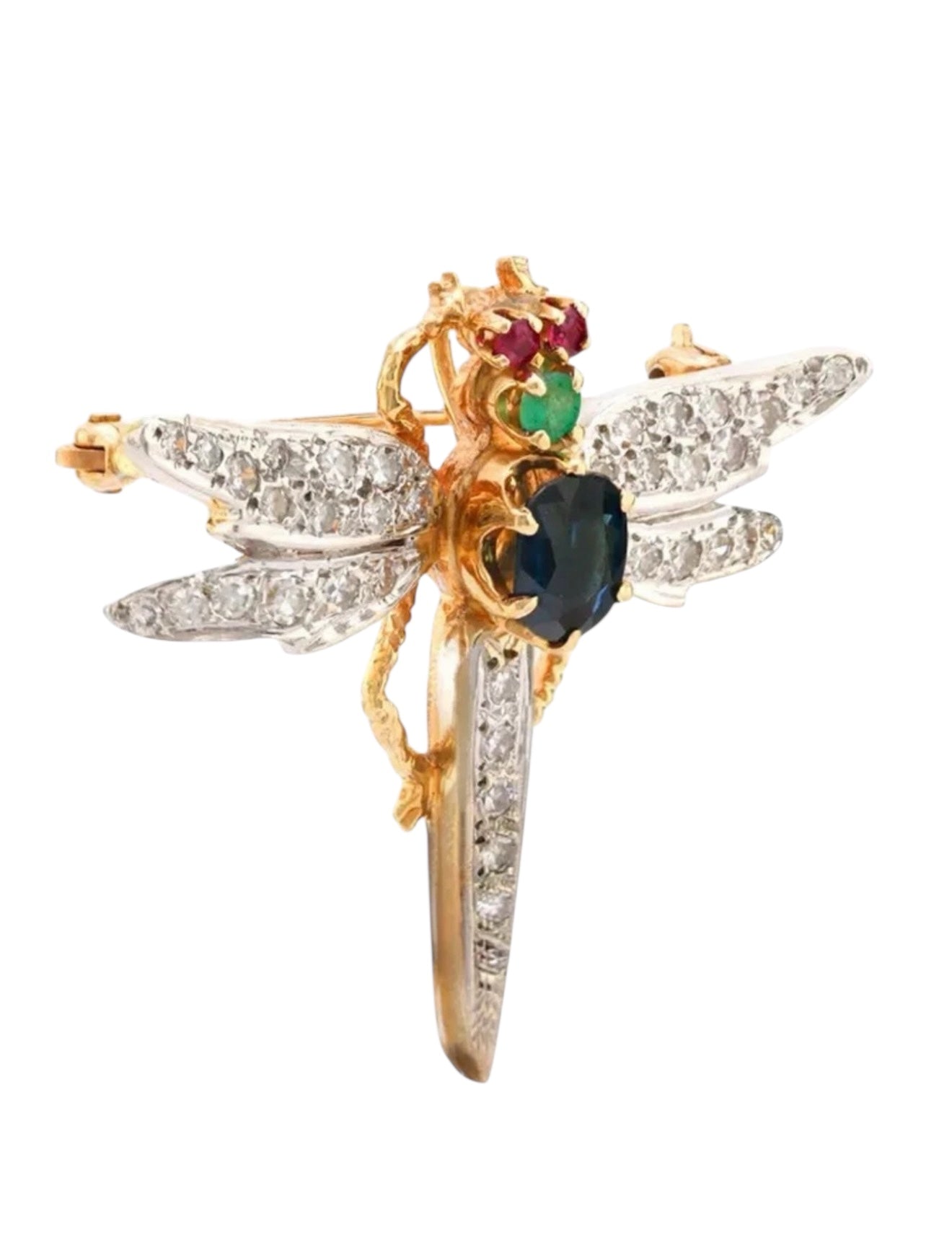 Vintage 14KT Gold Dragonfly Pin with Diamond, Emerald, Sapphire and Rubies