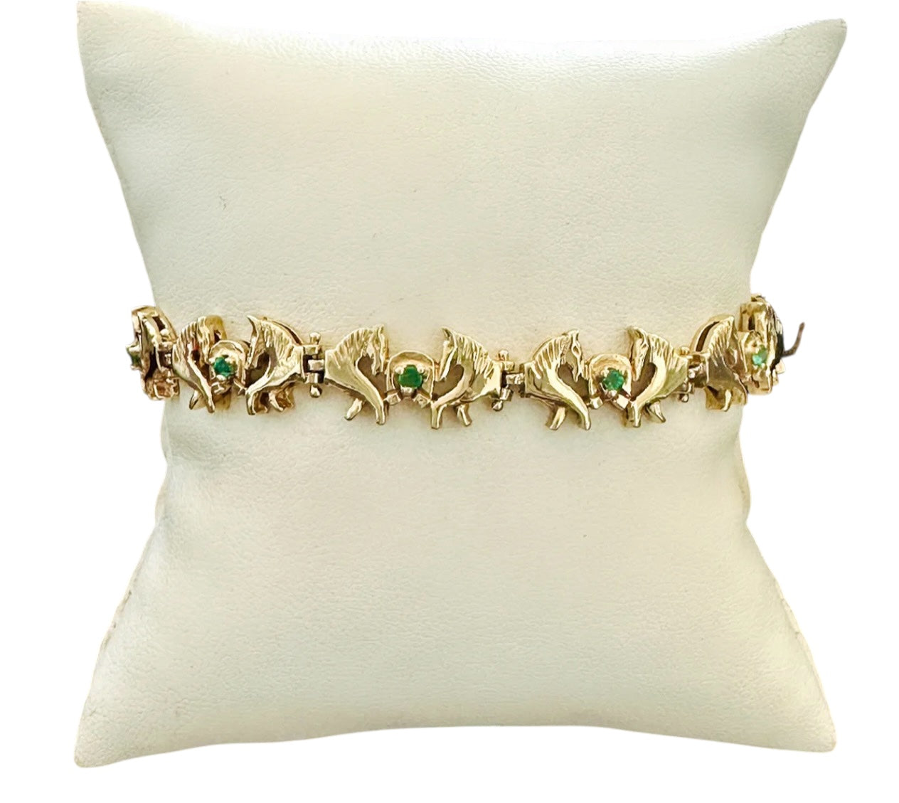 14KT Gold Vintage Emerald Horse Bracelet with Lucky Horseshoes