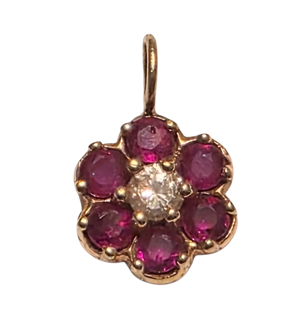Vintage 14KT Gold, Ruby & Diamond Flower Charm