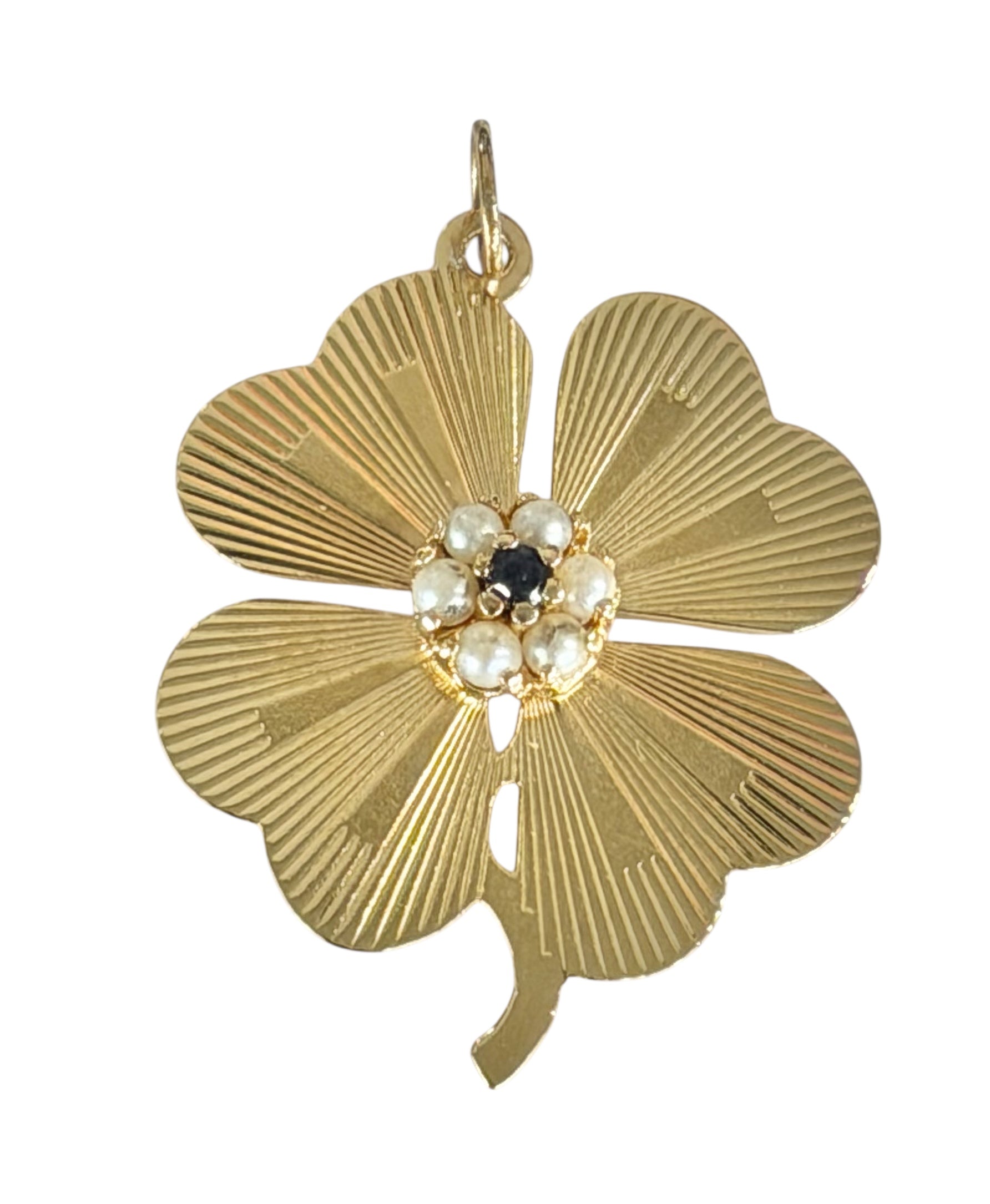 Vintage 14KT Gold Pearl & Sapphire Clover Charm