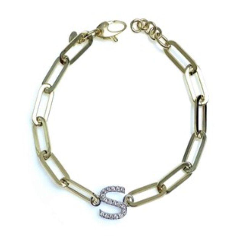 Gold Paperclip Diamond Initial Charm Bracelet - S