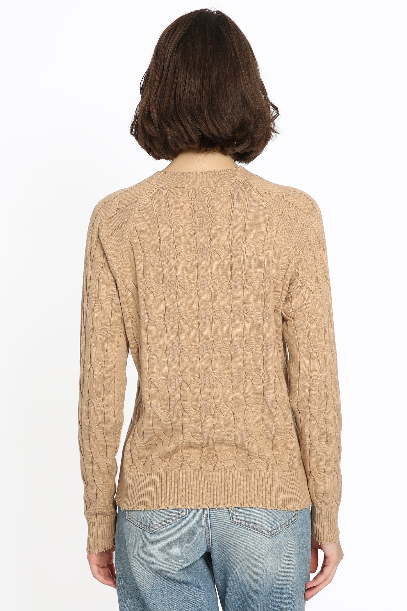 Minnie Rose Cotton Cable Frayed Crew Sweater