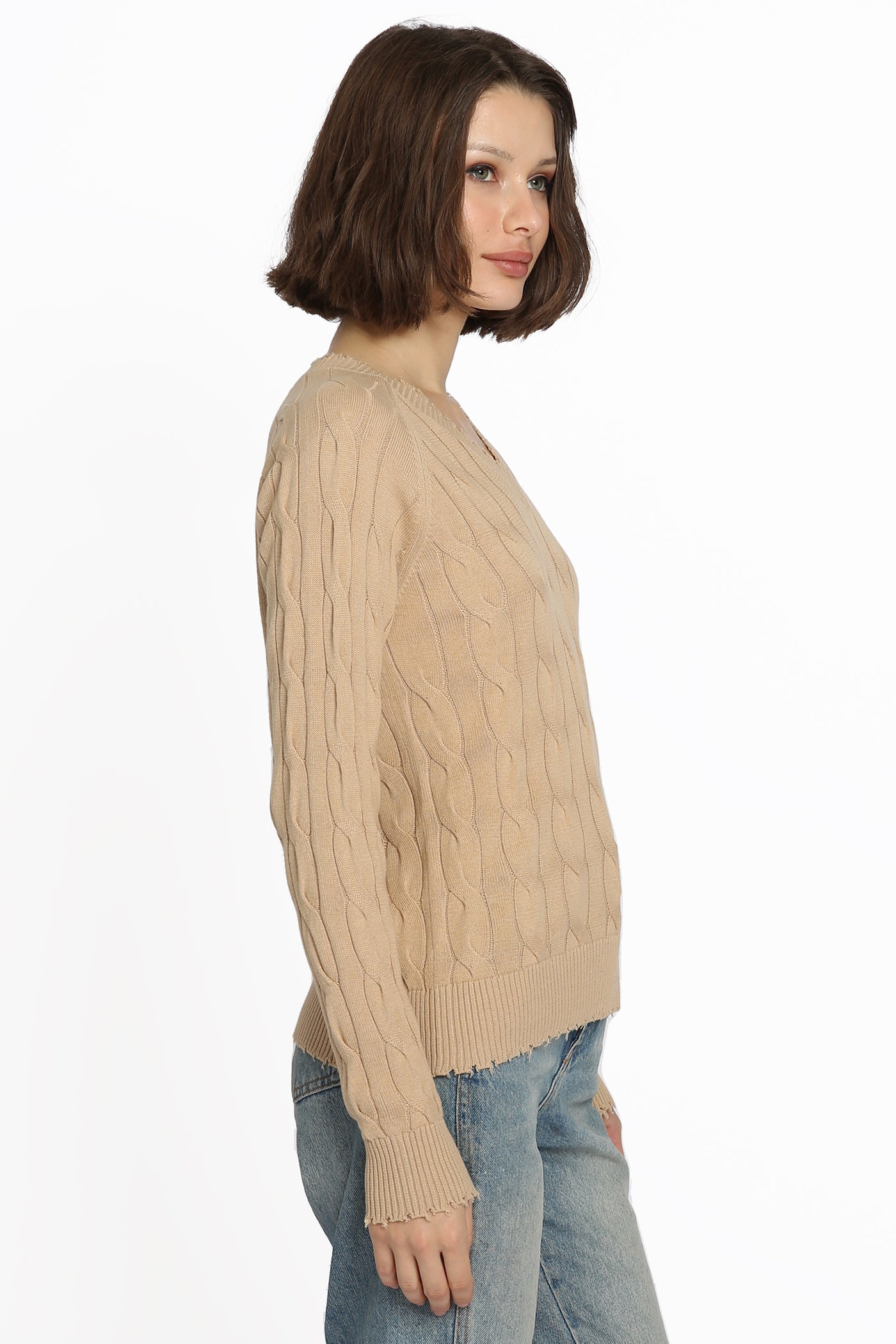 Minnie Rose Cotton Frayed Cable V Sweater