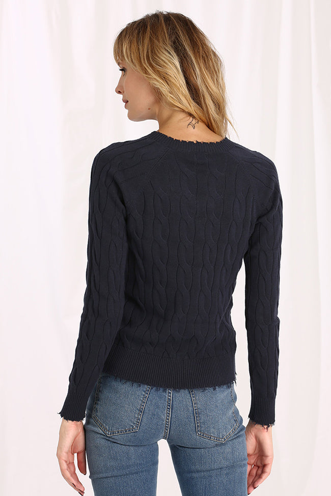 Minnie Rose Cotton Frayed Cable V Sweater