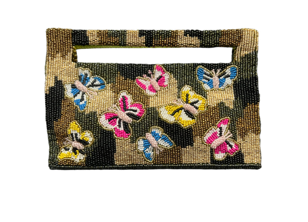 Beaded Cut Out Handle Clutch  - Camo Butterfly