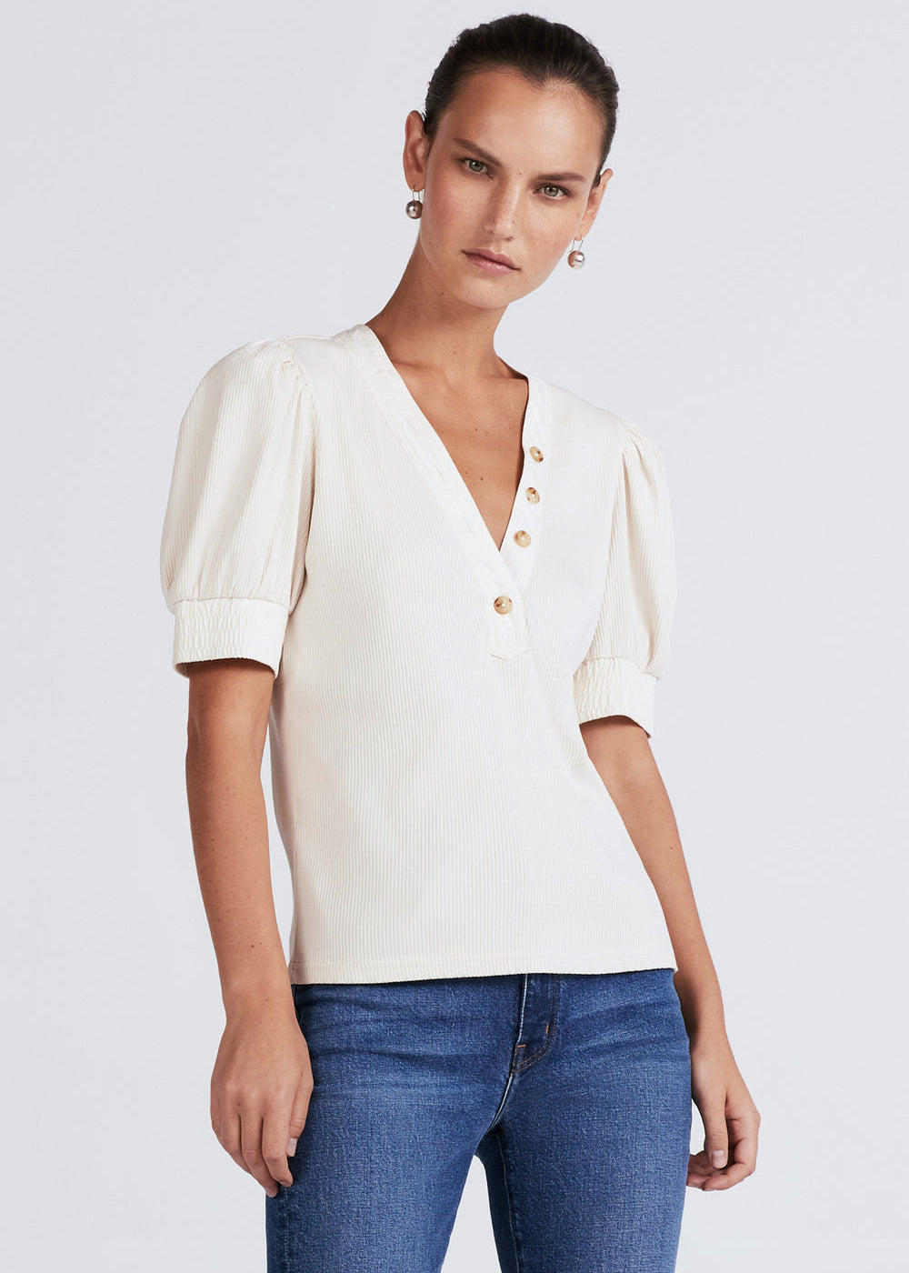 Derek Lam Heather V-Neck Puff Sleeve Tee