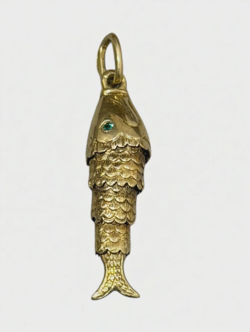 Vintage 14KT Gold Articulating Fish Charm with Emerald Eyes