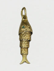 Vintage 14KT Gold Articulating Fish Charm with Emerald Eyes
