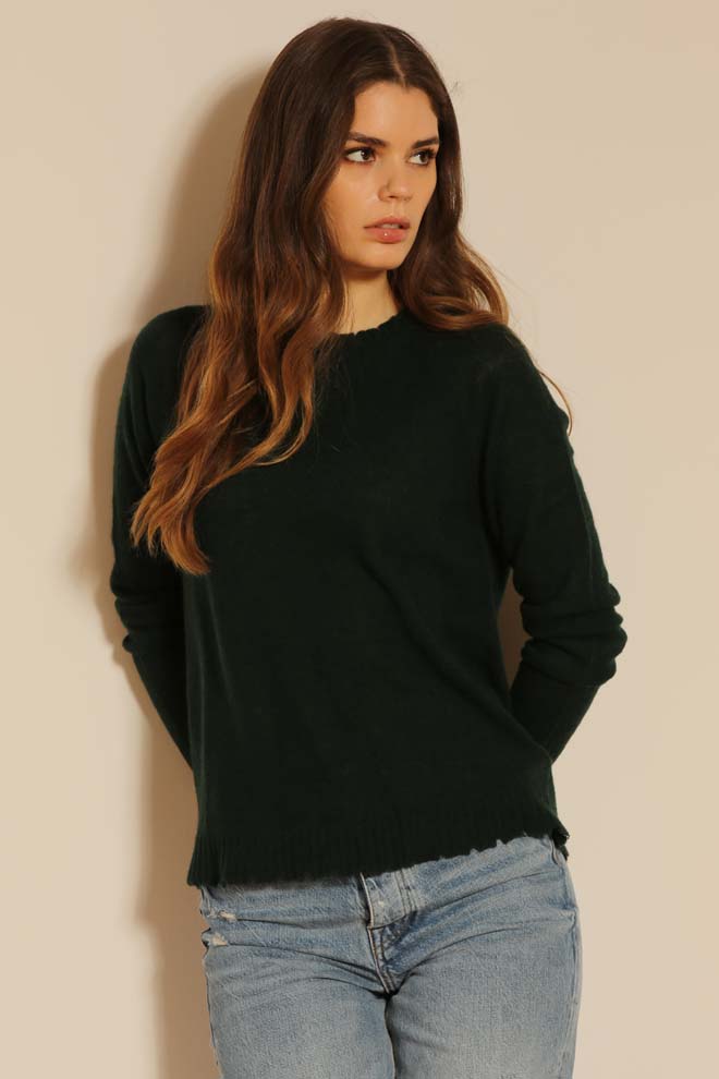 Minnie Rose Cotton Cable Frayed Crew Sweater